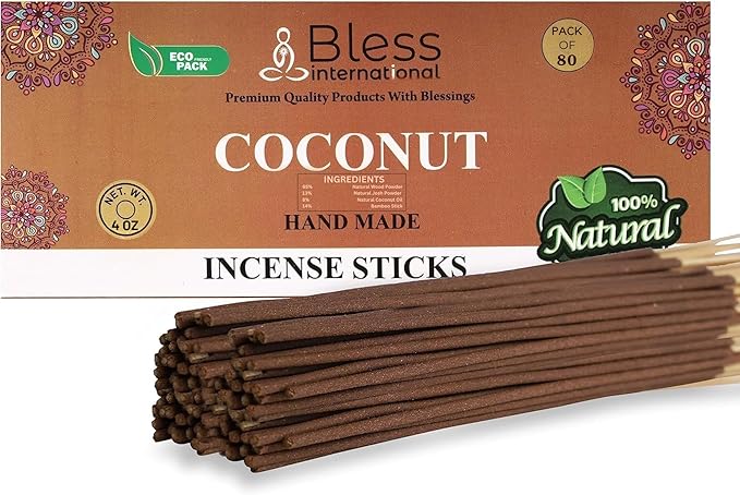 Bless-Coconut 100%-Natural-Handmade-Hand-Dipped-Incense-Sticks Organic-Chemicals-Charcoal-Free Purification-Relaxation-Positivity-Yoga-Meditation Best-Woods-Scent (80 Sticks (4.20 OZ)) BlessInternational