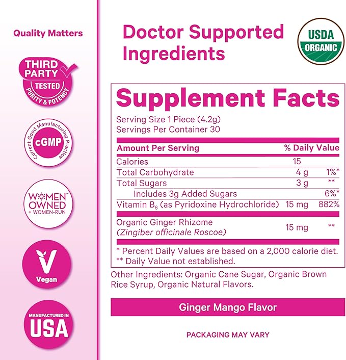 Pink Stork Organic Mango Sweets with Vitamin B6 for Morning Sickness and Motion Sickness, Added Ginger & Vitamin B6, 1st Trimester Pregnancy Must Haves - 30 Wrapped Candies - Bloomnest