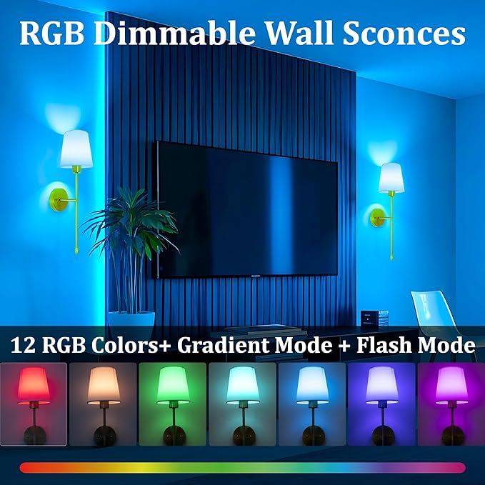 Battery Operated Wall Sconce Set of 2, 15 Colors Rechargeable Wall Lights with Dimmable Bulbs and Remote, Gold Wireless Wall Lamp for Living Room Hallway Bedroom - Bloomnest