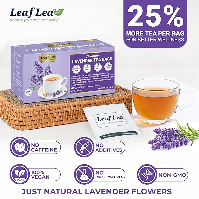 LeafLea 40 Premium Lavender Tea Bags, Natural Lavender Flowers, Lavendar Herbal Tea with Delicate Floral Aroma & Smooth Flavor, Relaxing Evening Infusion, No Caffeine, No Sugar, Individually Wrapped - Bloomnest