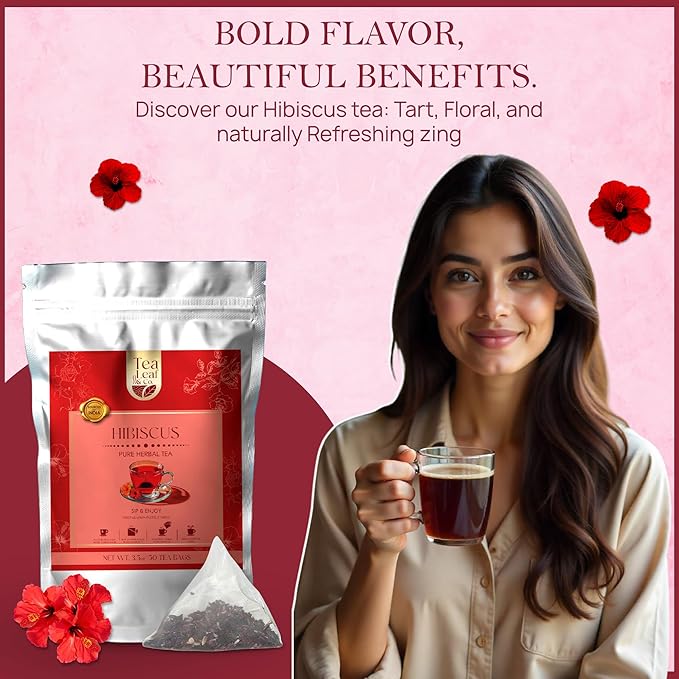 Tealeaf & Co. Hibiscus Tea with Hibiscus Flowers Extract - Pure Herbal Tea Bags Blended with Fresh Herbs - Flavored Herbal Blend - Low Caffeine - Gluten Free - 50 Teabags - Bloomnest