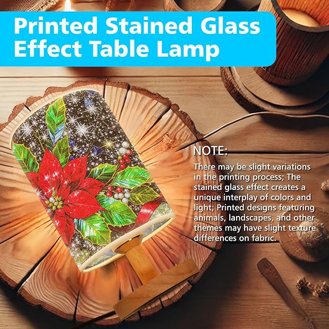 Holly Table Lamp LED 3-Color Pressed Bedside for Merry Christmas, Holly Shade Christmas Table Lamp with Wood Base for Bedroom Living Room Desk Office - Bloomnest