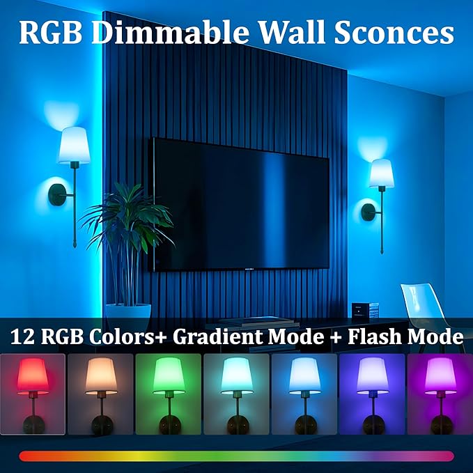 Battery Operated Wall Sconce Set of 2, 15 Colors Rechargeable Wall Lights with Dimmable Bulbs and Remote, Black Wireless Wall Lamp for Living Room Hallway Bedroom - Bloomnest