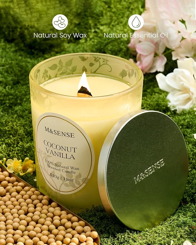 M&SENSE Coconut Vanilla Scented Candle, Cracking Wooden Wick Soy Wax, 18oz 100 Hours Long Lasting Clean Burn, Large Jar Candles for Home Decor, Non-Toxic Relaxing Aromatherapy Gifts for Women - Bloomnest