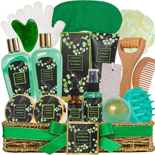 Home Spa Gift Basket, Bath Spa Kit for Women & Men, Bath & Shower Spa Gift Basket Set with Body Lotion, Shower Gel, Bubble Bath, Bath Bomb, Bath Gift Set for Mother, Wife Her, Eucalyptus & Amber Scent
