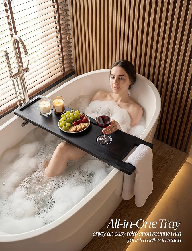 Tinamo Acacia Bathtub Caddy Tray Table | 39x9.8 Inch Large Bath Tub Wooden | Anti-Tipping, Sustainable Tub Tray for Bath tub | Bath-tub Accessories Holders for Bath-tub (Black Color) - Bloomnest