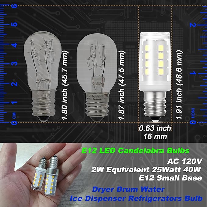 Dryer Light Bulb 120V 10W 25W 40W Equivalent WE05X20431 WP22002263 Appliance Bulb E12 Candelabra Base 2W 300lm 6000K Daylight White for Dryer Drum Water Ice Dispenser Refrigerators Bulb, 2 Pack - Bloomnest