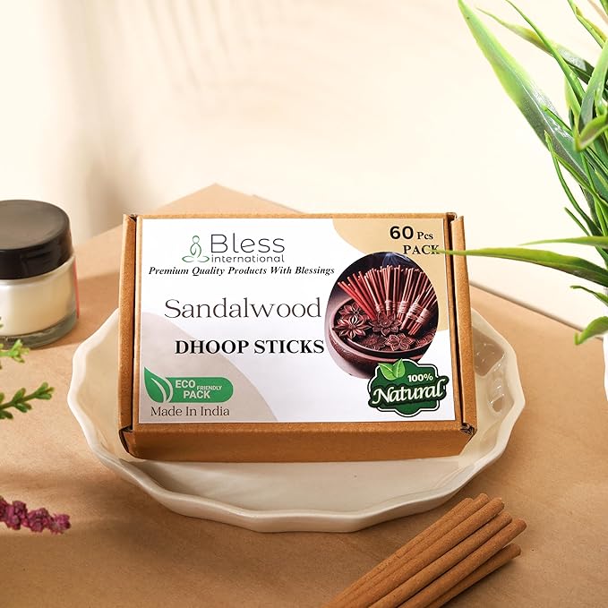 Bless-International Sandalwood-100%-Natural-Incense-Bambooless-Dhoop-Sticks Handmade-Organic-Chemicals-Free for-Purification-Relaxation-Positivity-Yoga-Meditation The-Best-scents-4.5-Inches-60-Sticks BlessInternational