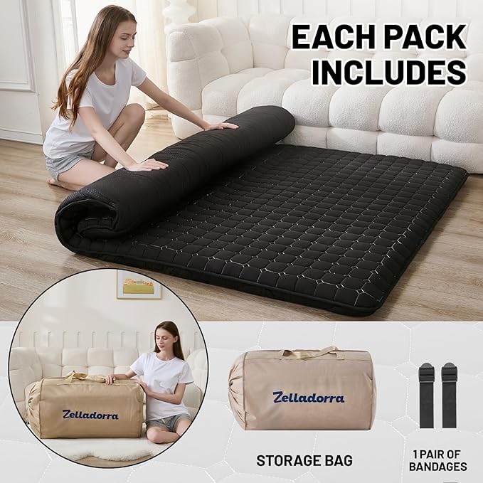 Japanese Floor Mattress Full, Anti-Slip Japanese Futon Foldable Tatami Mat for Guests, Black - Bloomnest