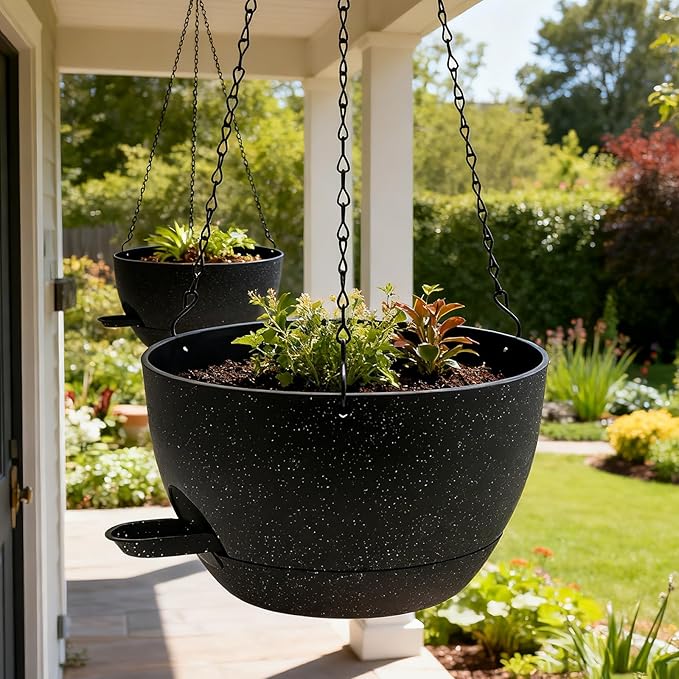 WOUSIWER Self Watering Hanging Planters, 2 Pack 10'' Plastic Pots with Drainage Holes & Reservoir Tray (Speckled Black) | Indoor & Outdoor Use for Ferns, Ivy, Herbs, Succulents - Bloomnest