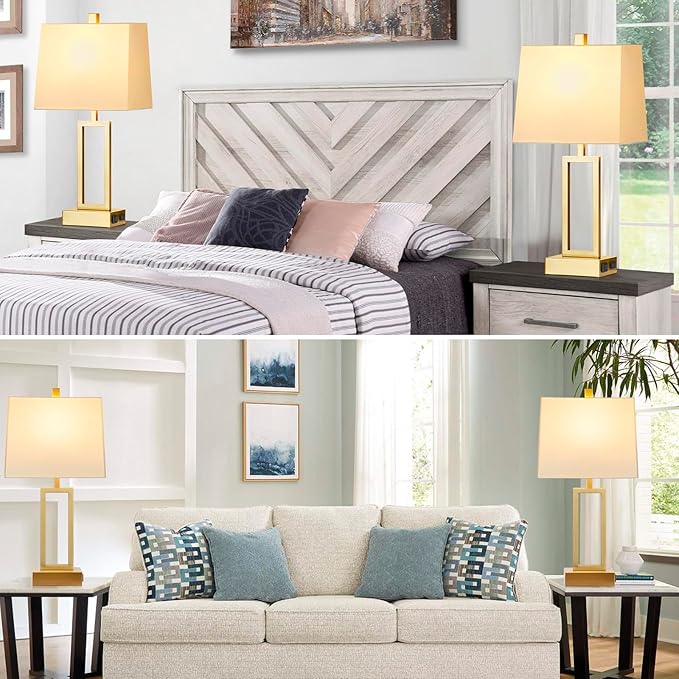 23.5" Touch Control Table Lamps, Metal Bedside Lamp for Bedroom Set of 2 with USB A+C Ports & AC Outlet, 3-Way Dimmable Nightstand Lamp for Living Room (LED Bulb Included) - Bloomnest