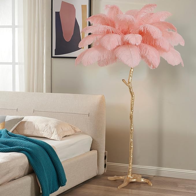 MAYOLA Luxury Resin Ostrich Feather Lamp, 35 Pieces Real Ostrich Feathers,Floor Light for Living Room, Bedroom and Office 67” Tall Feather Lamp(Pink, Floor Lamp) - Bloomnest