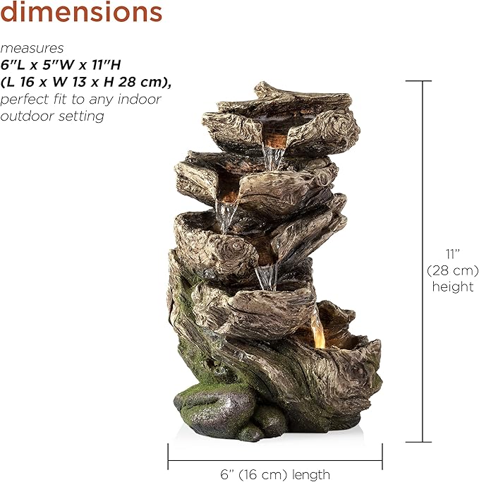Alpine Corporation WIN1180 11" Indoor Tabletop Waterfall Fountain with LED Lights, 5 Tier Rainforest Garden Fountain, Brown - Bloomnest