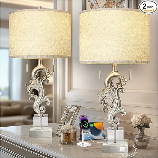 Scenekoy Vintage Table Lamp Set of 2 for Bedroom Living Room, 26.75” Silver Leaf Sculptural Night Stand Bedside Lamps with USB Ports, Rustic Nightstand Lamp Line Shade for Home Decor (Bulbs Included) - Bloomnest