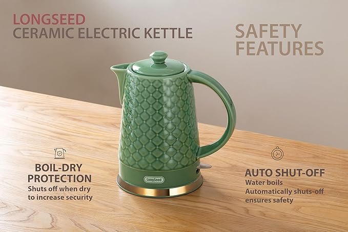 Ceramic Electric Kettle, 1.5L/1200W Boil Water Quickly and Easily with Boil-Dry Protection Auto Shut Off, Detachable Swivel Base, Green Relief Carving - Bloomnest