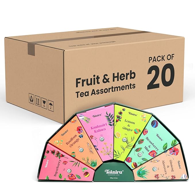 Teaniru, Fruit & Herb Tea Assortment - Pack of 20 | 6 Exotic Flavors x 25 g | Tea Gift Box for Family, Friends & Employees | Bulk Gifts for Corporates & Clients | Thanks Giving - Bloomnest