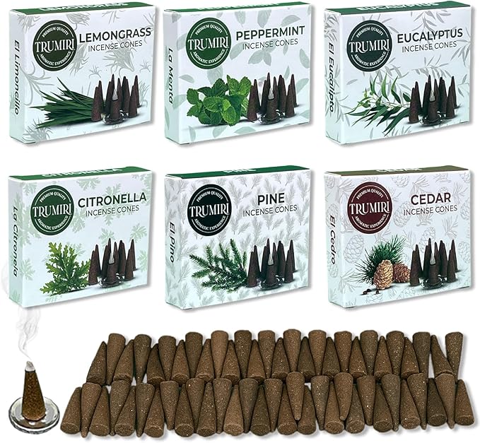 TRUMIRI Leafy Incense Cones - Variety Pack - Total 60 Cone Incense (6 Scents x 10 Conos) - Citronella Lemongrass Eucalyptus Peppermint Cedar Pine - Cone Incense Scents - Insense Cones - Incent Cone
