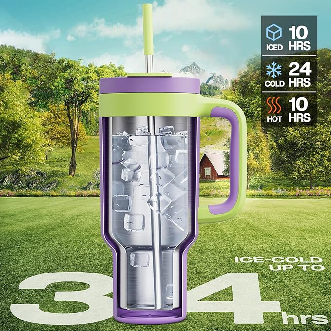 POWCAN 40 oz Tumbler with Handle, 2-in-1 Straw and Sip Lid, Leakproof, Dishwasher Safe, Insulated Stainless Steel Travel Coffee Mug, Keeps Cold for 34 Hours, Fits in Car Cup Holder (Wisteria) - Bloomnest