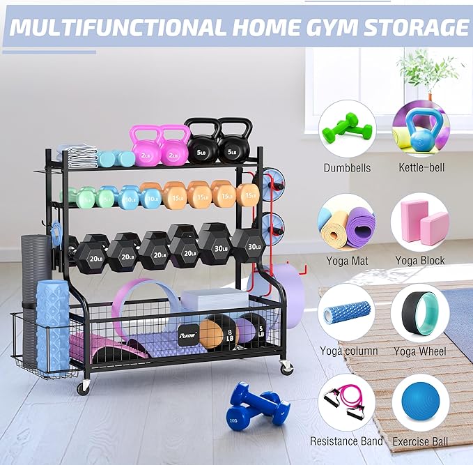 PLKOW Dumbbell Rack, Weight Rack for Dumbbells, Home Gym Storage for Dumbbells Kettlebells Yoga Mat and Balls, All in One Workout Storage with Wheels and Hooks, Powder Coated Finish Steel - Bloomnest