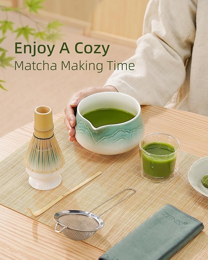 ZENS Matcha Whisk Set, 6Pcs Matcha Set Includes Ceramic Bowl, Bamboo Whisk and Chasen Holder,Scoop, 304 Stainless Sifter & Tea Mat, Matcha Kit for Tea Ceremony, Blue - Bloomnest