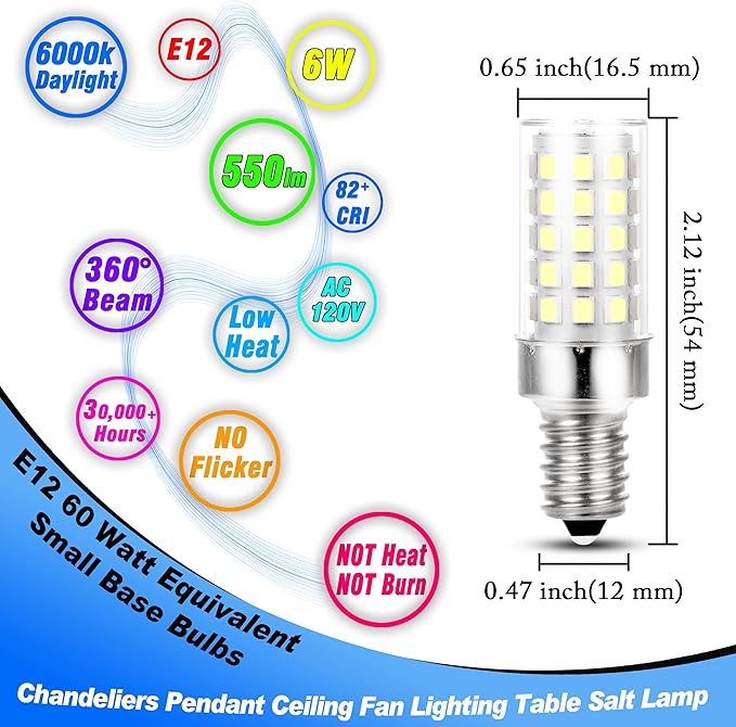 E12 Candelabra LED Light Bulbs 60 Watt Equivalent 6W 6000K Daylight White 550lm E12 C7 T6 Small Base for 120 Volt Chandelier Pendant Ceiling Fan Lighting Table Salt Lamp, Non-dimmable, 4 Pack - Bloomnest