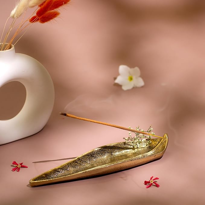 Raajsee Incense Holder Set with Nag Champa Incense Sticks 15gm,Curve Leaf Incense Stick Burner, Brass Incense Burner,Modern Stick Incense Holder for Yoga, Meditation,Home Décor Size 10x3 inch - Bloomnest