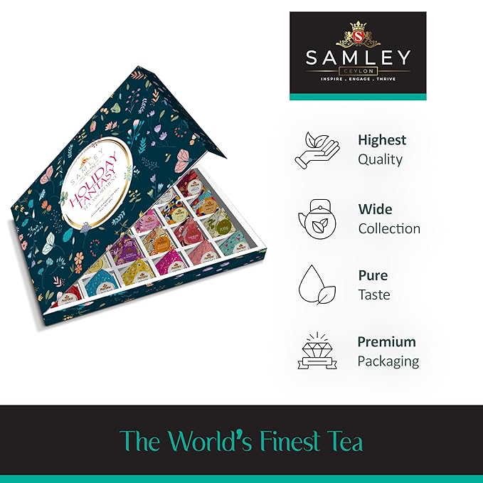 Samley Tea Holiday Fantasy Tea Assortment Gift Box Set, Pure Ceylon Tea Bags Individually Wrapped, Sampler Variety Pack of Assorted Flavors, 24 Pyramids - Bloomnest