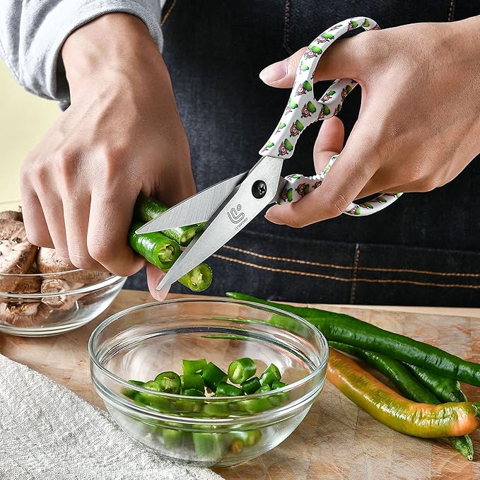 Linoroso Kitchen Scissors Heavy Duty Kitchen Shears with Magnetic Holder Made with Japanese Steel 4034, Multipurpose Ultra Sharp Cooking Scissors for Meat/Vegetables/BBQ/Herbs/Pizza (Graphic,Chili) - Bloomnest