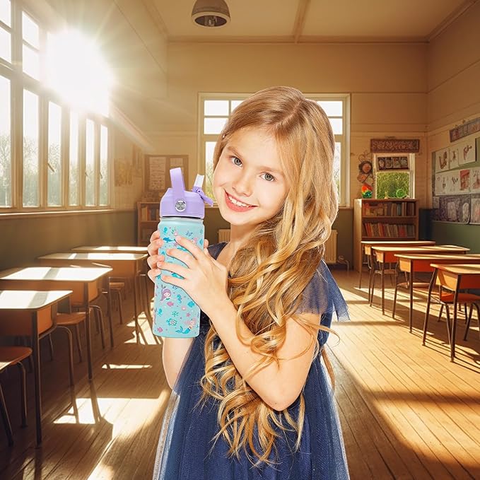18oz Kids Insulated Water Bottle with Straw Lid - 18/8 Stainless Steel Kid Cup BPA-FREE Tumbler Double Wall Vacuum Leak Proof Portable Toddler Water Bottle for School (Purple Mermaid) - Bloomnest