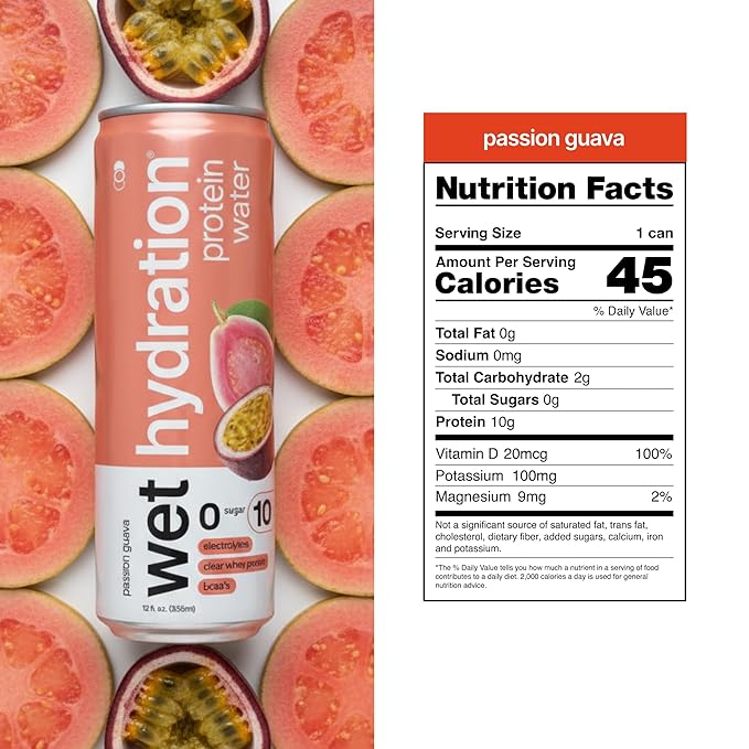 Wet Hydration | Functional Wellness Water, Non-Carbonated - Passion Guava (12 fl. oz. / 355ml Cans, Pack of 12) - Zero Calorie Hydration Drink with Electrolytes, Clear Whey Protein, BCAAs, Protein Water, No Sugar, No Artificial Ingredients - Bloomnest