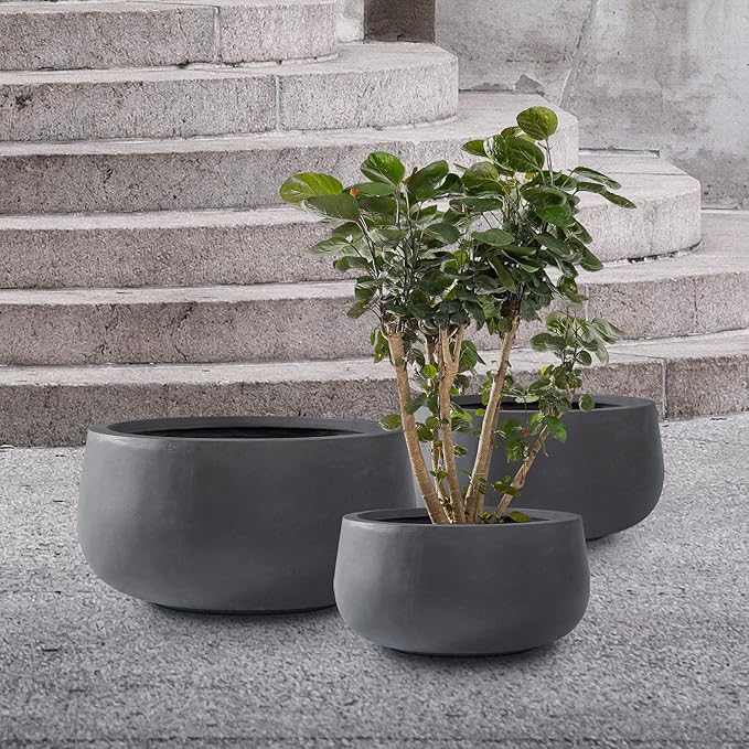 Kante 19.6",15.7",11.8" Dia Round Concrete Planters Set of 3, Outdoor Indoor Garden Plant Pots with Drainage Hole and Rubber Plug, Modern Curvaceous Design, Charcoal - Bloomnest