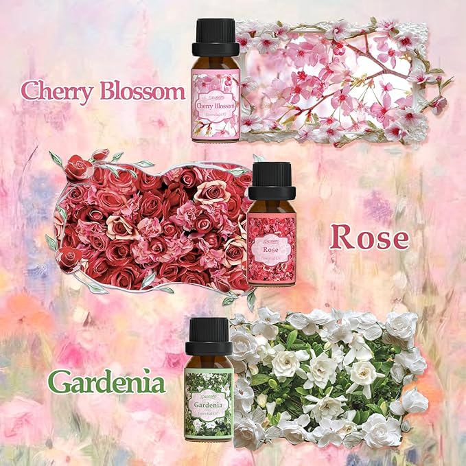 SALUBRITO Floral Fragrance Oils Set, Essential Oils for Diffuser & Candle Making Scents, 6x10ml Aromatherapy Oils Gift Set - Jasmine, Lavender, Rose, Gardenia, Cherry Blossom, Honeysuckle Oil - Bloomnest