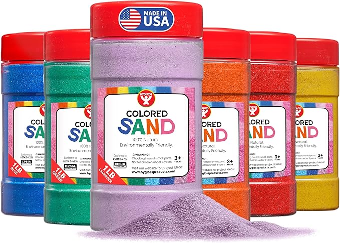 Hygloss Colored Sand for Crafts - 6 Assorted Colors - 1 lb Vibrant Colorful Fine Sensory Play Sand Art Kits for Kids - Classroom Activities for Children 3 4 5 6 7 8 9 10 11 12 - Safe for Ages 3+ - Bloomnest