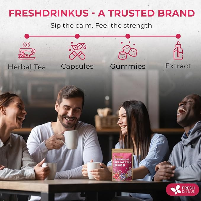 FreshDrinkUS, 40 Tea Bags - Menopause Support Herbal Tea – Soothing Blend with Rhubarb, Hibiscus, Valerian, Passiflora, Ashwagandha, Fennel & Chamomile, Caffeine-Free, Vegan, Non-GMO - Bloomnest