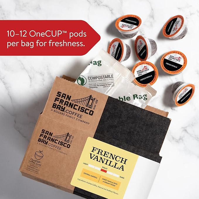 San Francisco Bay Coffee - Flavored Medium Roast - French Vanilla (80 ct) - Single Serve Coffee Pods, Commercially Compostable, K Cup Compatible - Bloomnest
