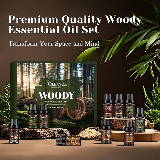 Woody Essential Oils Gift Set, 10x５ML Premium Wood Fragrance Oil　for Candle & Soap Making, Diffuser, Sandalwood, Teakwood, Forest Pine, Cedarwood, Cypress and Frankincense More Aromatherapy Oils - Bloomnest