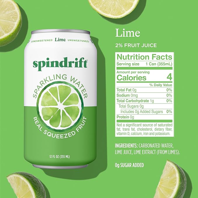 Spindrift Sparkling Water, Lime Flavored, Made with Real Squeezed Fruit, 12 Fl Oz Cans, Pack of 24 (Only 4 Calories per Can) - Bloomnest