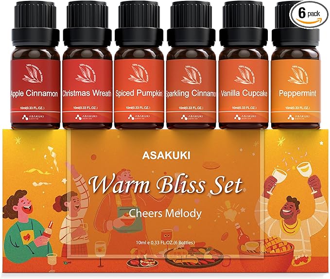 ASAKUKI Essential Oils for Diffusers for Home, Fragrance Oil for Candle Making, Peppermint, Vanilla Cupcake, Sparkling Cinnamon, Spiced Pumpkin, Christmas Wreath and Apple Cinnamon 6 x 10 ml - Bloomnest
