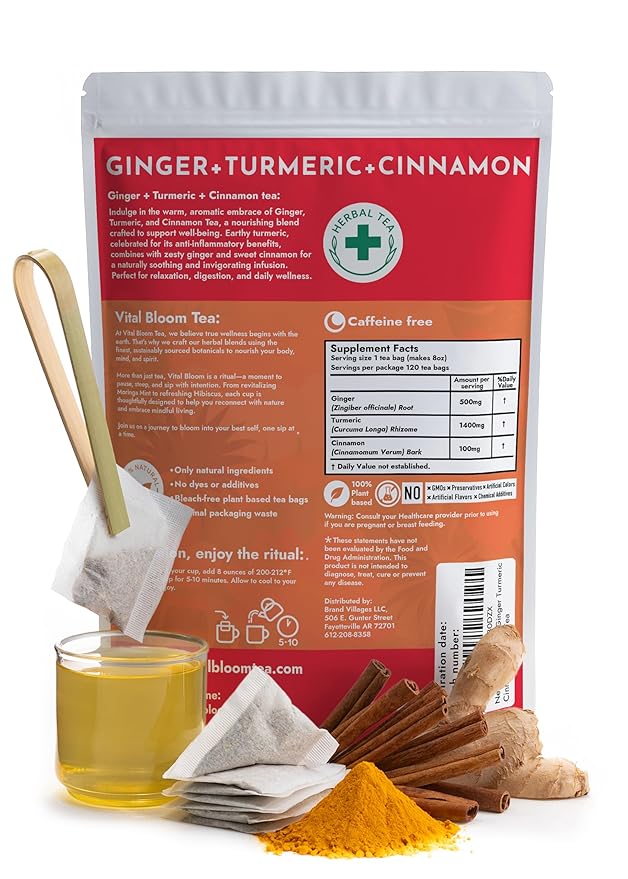 Vital Bloom 120 Tea Bags Ginger Turmeric Cinnamon Tea Bags, Supports Immune Health, Aids Digestion, 100% Natural Ingredients Blended Herbal Tea, Hot or Iced, Eco-Friendly Package, 120 Count - Bloomnest