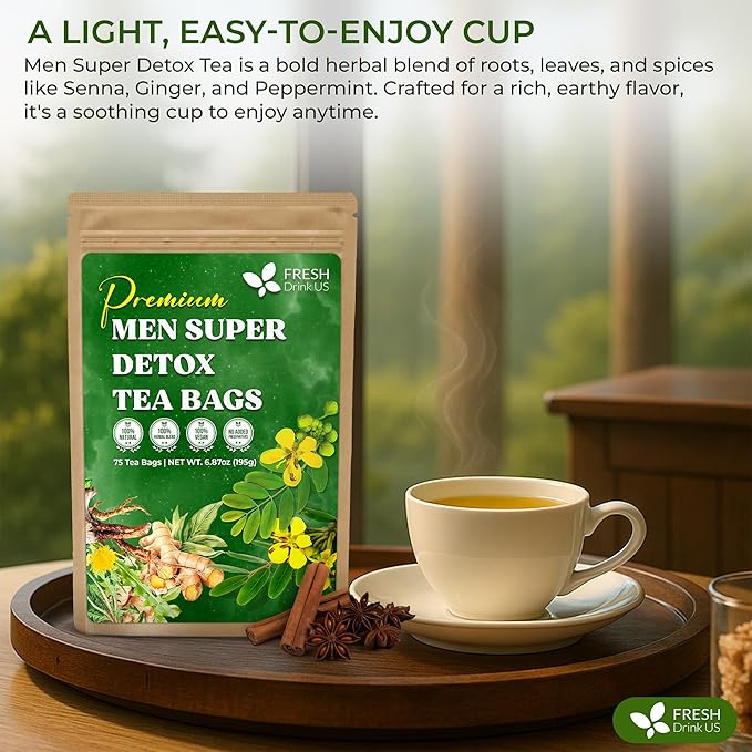 FreshDrinkUS, Premium 135 Tea Bags Men Super Detox Tea – Herbal Blend with Senna, Dandelion Root, Ginger, Peppermint & More – 100% Natural, Sugar-Free. Caffeine-Free. Gluten-Free. Vegan - Bloomnest