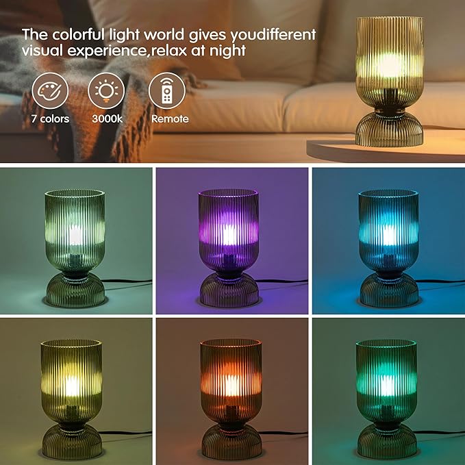 Modern RGB Glass Table Lamp with Remote，Color Changing Bedside Lamp with Green Glass Shade, 16 Colors, On/Off Cord Switch, Nightstand Lamp for Bedroom, Living Room, Office,Bulb Included - Bloomnest