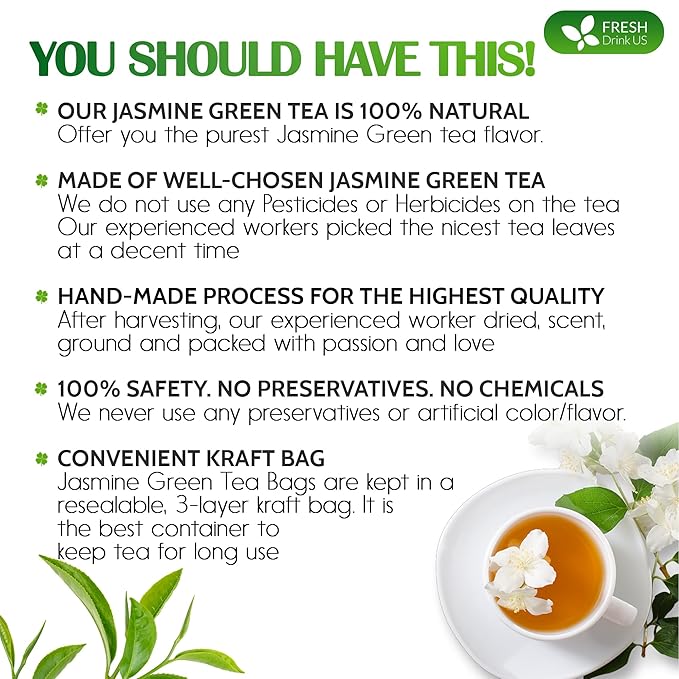 FreshDrinkUS, Premium 55 Jasmine Green Tea Bags, 100% Natural & Pure from Jasmine Green Tea. Jasmine Green Herbal Tea. Made with Natural Material Tea Bags. No Sugar, No Gluten, Vegan. - Bloomnest