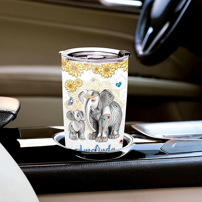 WAZONE Personalized Elephant Tumbler With Lid Custom Name Elephants Sunflowers Insulated Mothers Day Birthday Christmas Items Gifts For Mom From Daughter Son Stainless Steel Travel Cup Mug - Bloomnest