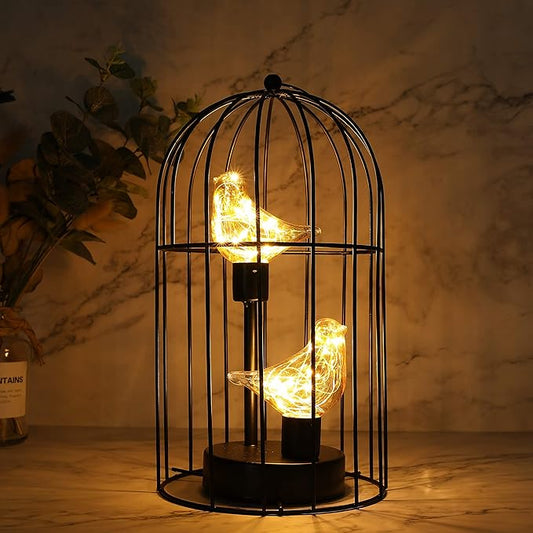 JHY DESIGN Birdcage Decorative Lamp Battery Operated 12" H Cordless Table Lamp with Warm White Fairy Lights Bird Bulb for Indoor Bedroom Living Room Home Wedding Xmas(Black) - Bloomnest