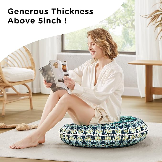 Codi Meditation Floor Pillow, Round Large Pillows Seating for Adults, Bohemian Mandala Circle Cushion for Outdoor Fireplace Yoga Living Room, 32 Inch, Memory Foam Added, Green