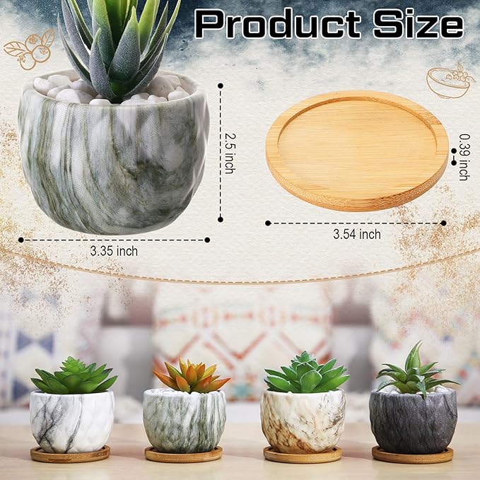 Marbling Ceramic Flower Pot 3.35 Inch Succulent Small Plant Cactus Herbs Planter Ceramic Pot with Drainage Hole Matte Round Container(4 Pcs,Modern Style) - Bloomnest