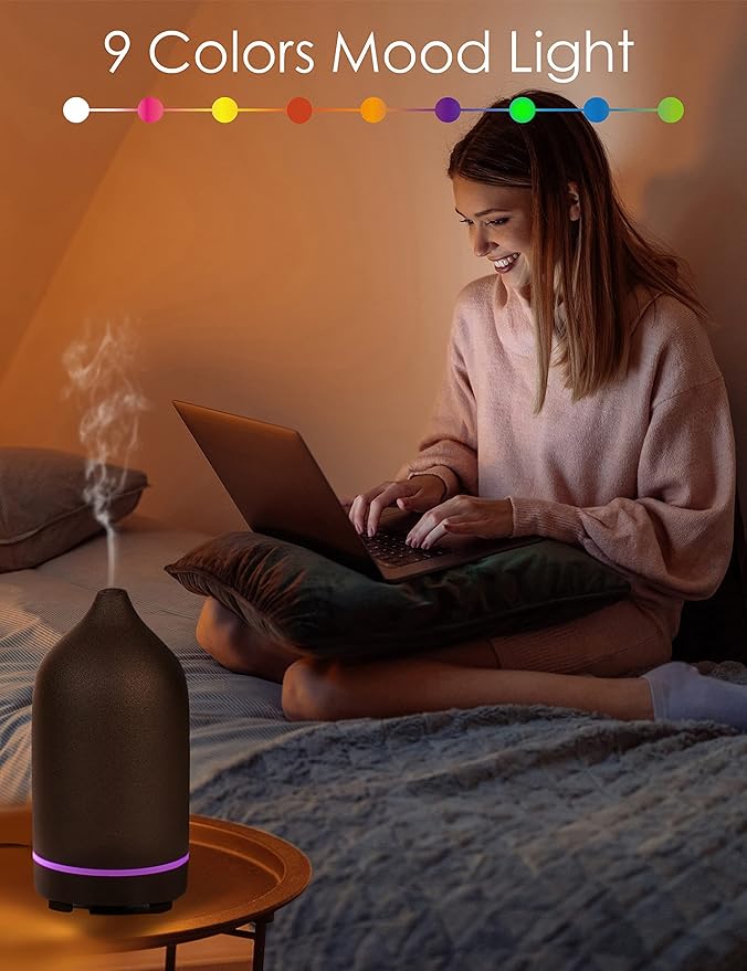 Essential Oil Diffuser,Handcrafted Ceramic Diffuser for Home,Ultrasonic Cool Mist Air Diffuser, 9 Colors Night Light with Timer (Black) - Bloomnest