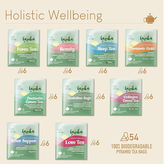 Lazika Herbal Tea Variety Pack with Lovely Presentation Box, 54 Counts, Holistic Wellbeing Tea Assortment Gift Set, Premium Collection with Pyramid Infuser Bag, Handcrafted - Bloomnest