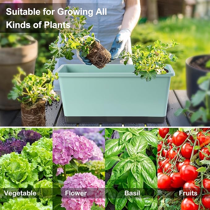 Window Box Planter 6 Pcs, 17 Inches Rectangle Flower Pots with Drainage Holes and Trays, Vegetable Planters for Windowsill Patio Garden Balcony Home Porch Yard Indoor Outdoor (Green, 17*7.4*7.8 inch) - Bloomnest