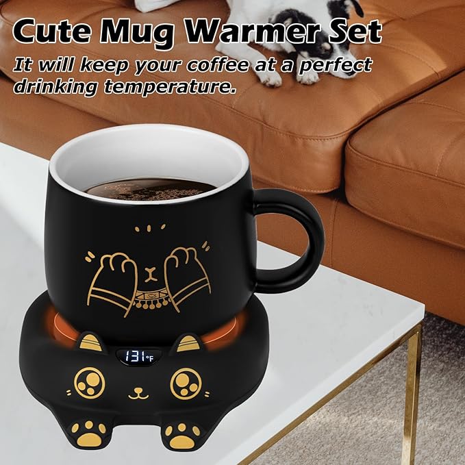 PUSEE Coffee Mug Warmer & Cute Cat Mug Set, Coffee Cup Warmer for Desk with Auto Shut Off, Beverage Warmer with 3 Temp Settings, Candle Warmer Coffee Warmer with Mug Set for Christmas & Birthday Gifts - Bloomnest
